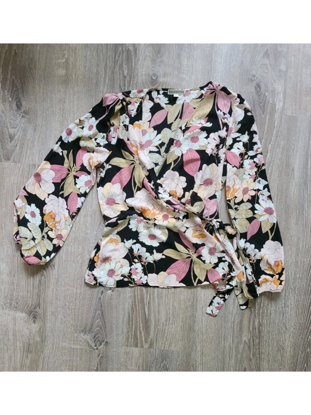 Pleione Womens M Blouse Top Wrap Style Tie Floral Puff Sleeve Sheer Sash Deep V